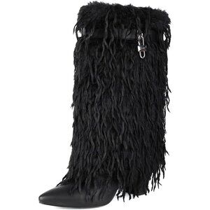⚡Women's Black Fold Over Faux Fur Mid Calf Boots Chunky Heel Point Toe